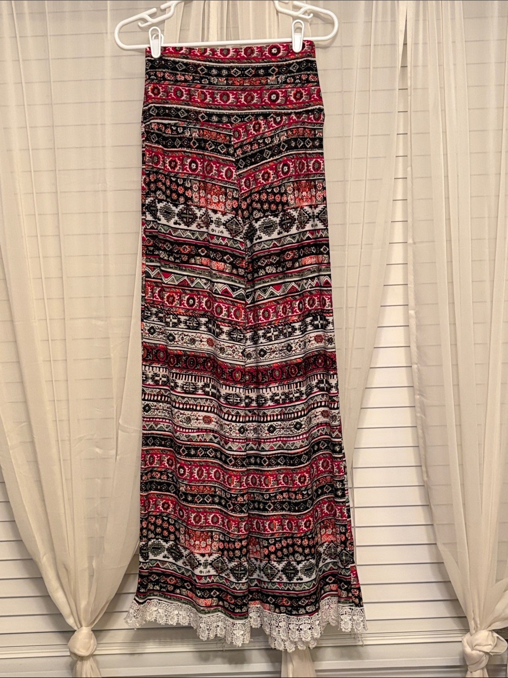 Source Unknown Wide Leg Boho Print Pants - Red, Black, White